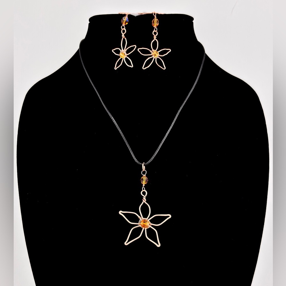 HANDMADE Crystal Copper Wire Wrapped Floral Necklace and Earrings Jewelry Set